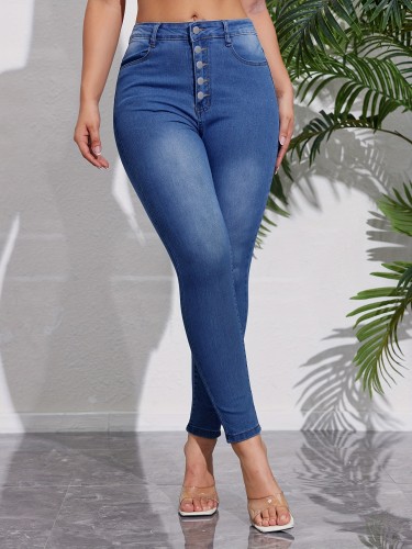 Single Breasted Button Skinny Jeans, High Waist Slim Fit Casual Tight Jeans, Women's Denim Jeans & Clothing