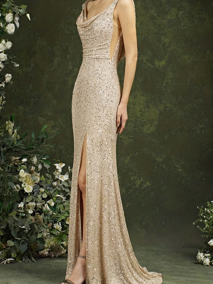 Floor-Length Wedding Dresses Split Front Sleeveless Cowl Neck