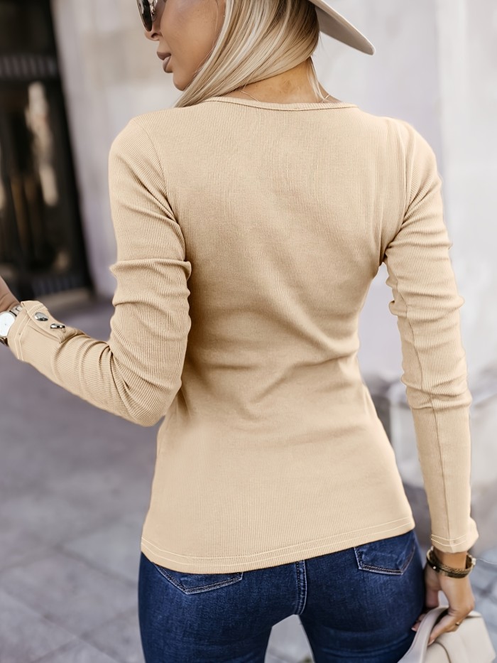 Heart-shaped Button Front T-Shirt, Casual Long Sleeve Top For Spring & Fall, Women's Clothing