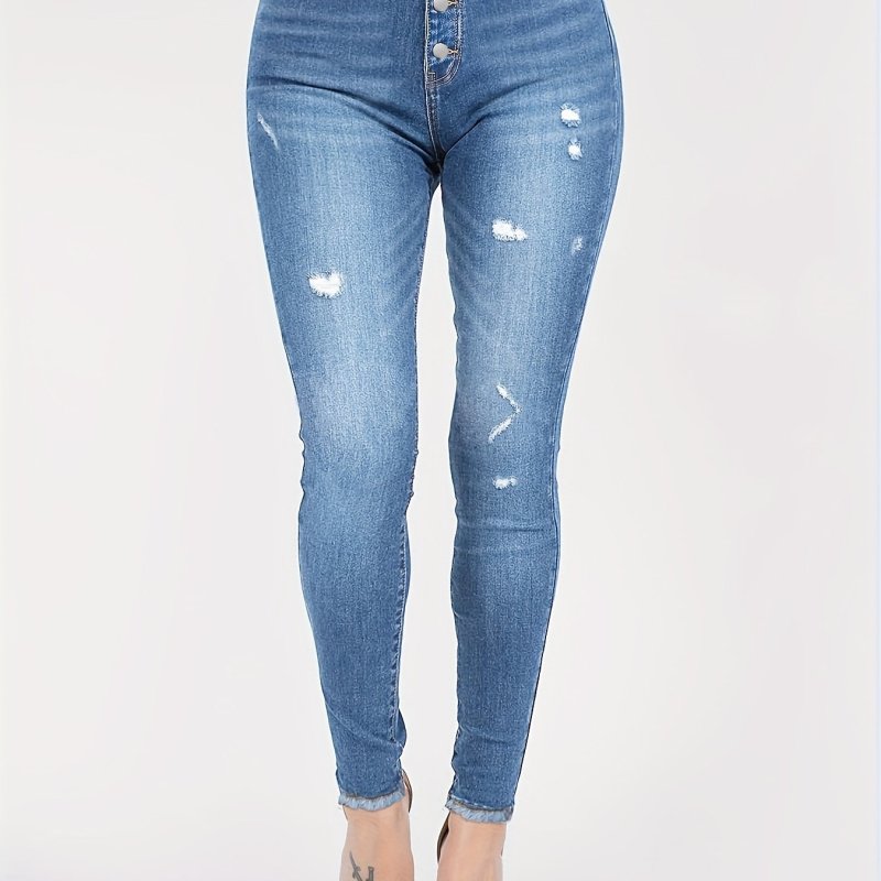 Ripped Raw Hem Skinny Jeans, Single-breasted High Waist Slash Pocket Denim Pants, Women's Denim Jeans & Clothing