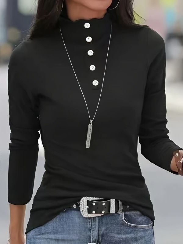 Button Front Mock Neck T-Shirt, Casual Long Sleeve Top For Spring & Fall, Women's Clothing