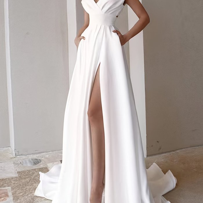 Sexy Solid Elegant V Neck Wedding Dress, High Neck High Split Long Sleeve Cocktail Party Dress, Women's Clothing