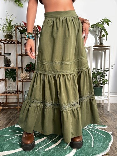Lace Tiered Ruffle Hem Skirt, Elastic Waist Maxi Skirt, Women's Clothing