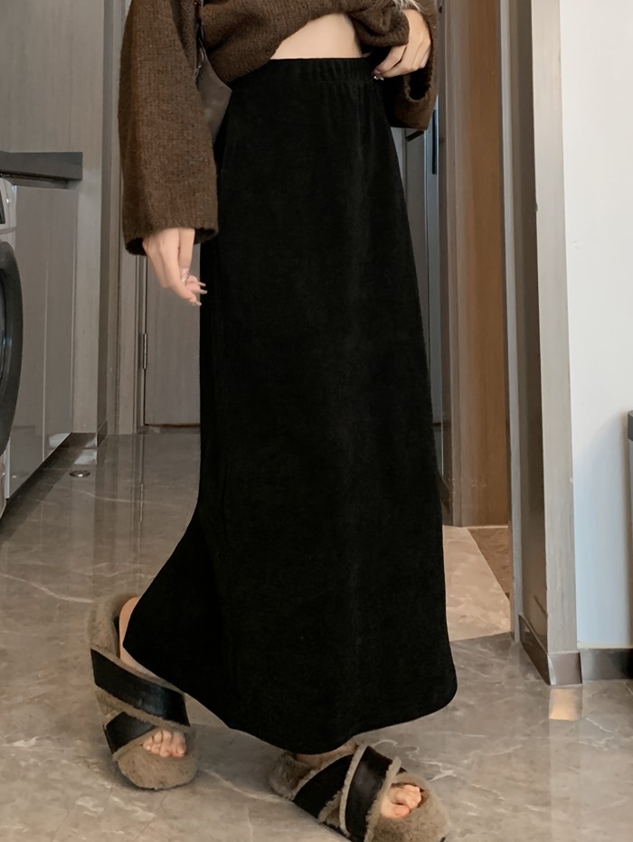 Solid High Waist Split Slim Skirt, Casual A Line Maxi Skirt For Fall & Winter, Women's Clothing