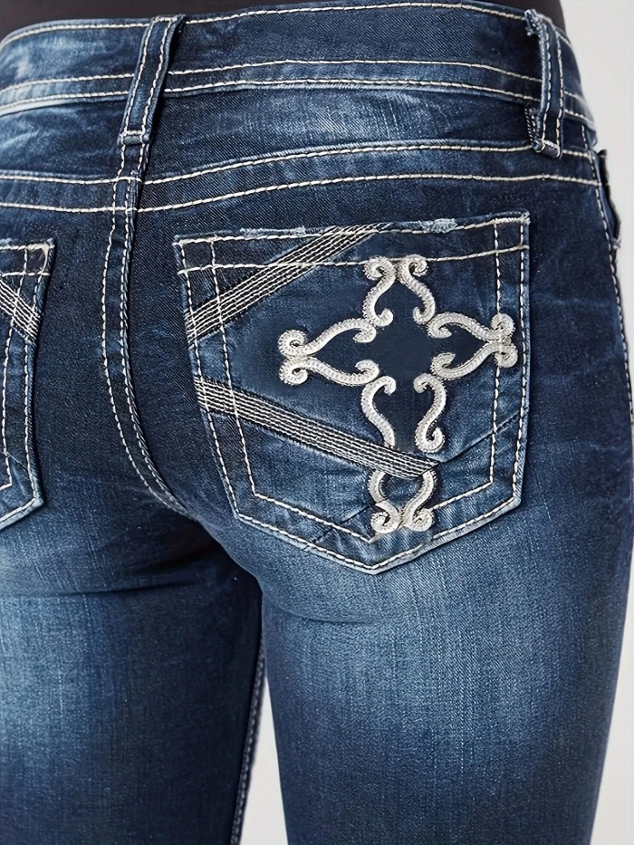 Embroidered Decor Casual Flare Jeans, High Stretch Slant Pockets Washed Bell Bottom Jeans, Women's Denim Jeans & Clothing
