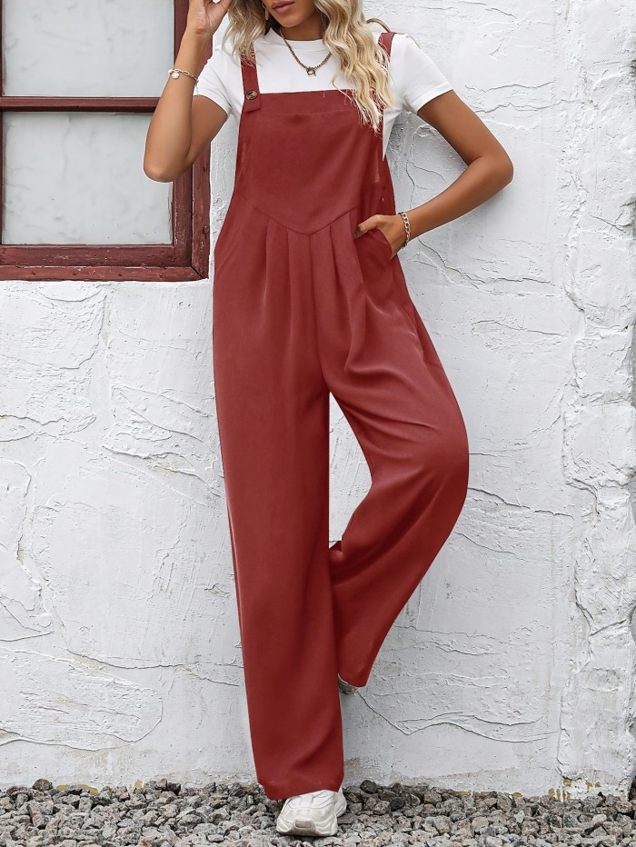 Solid Overall Straight Leg Jumpsuit, Versatile Button Overall Jumpsuit For Spring & Summer, Women's Clothing