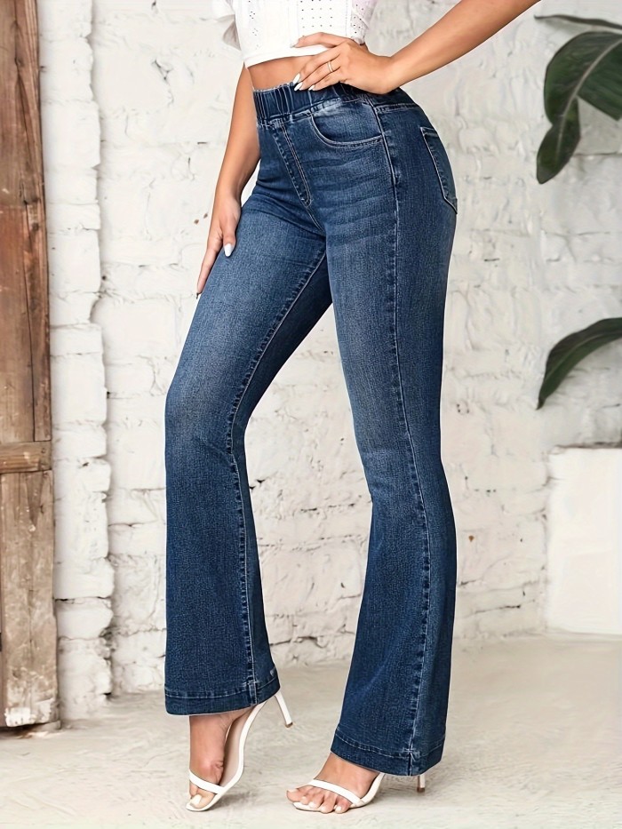Elastic Waist Washed Flare Jeans, High Stretch Casual Bell Bottom Jeans, Women's Denim Jeans & Clothing