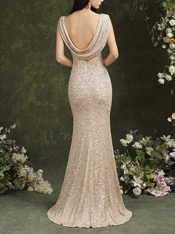 Cowl Neck Backless Split Dress, Elegant Dress For Wedding Party, Women's Clothing