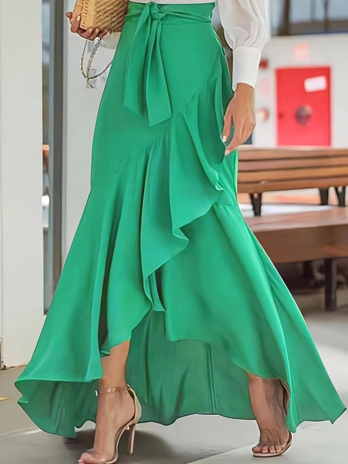Solid Ruffle Trim Asymmetrical Skirt, Elegant Belted Mermaid Skirt For Spring & Fall, Women's Clothing