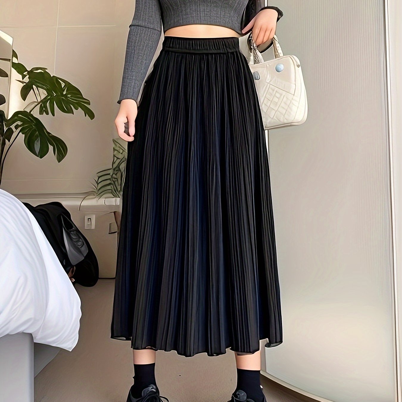 Autumn High Waist Midi A-Line Women Elegant Faux Leather Solid Color Pleated Maxi Long Skirts