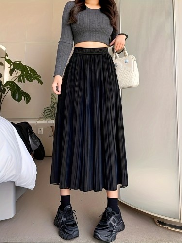 Solid High Waist Pleated Skirt, Elegant Midi Skirt For Fall & Winter, Women's Clothing