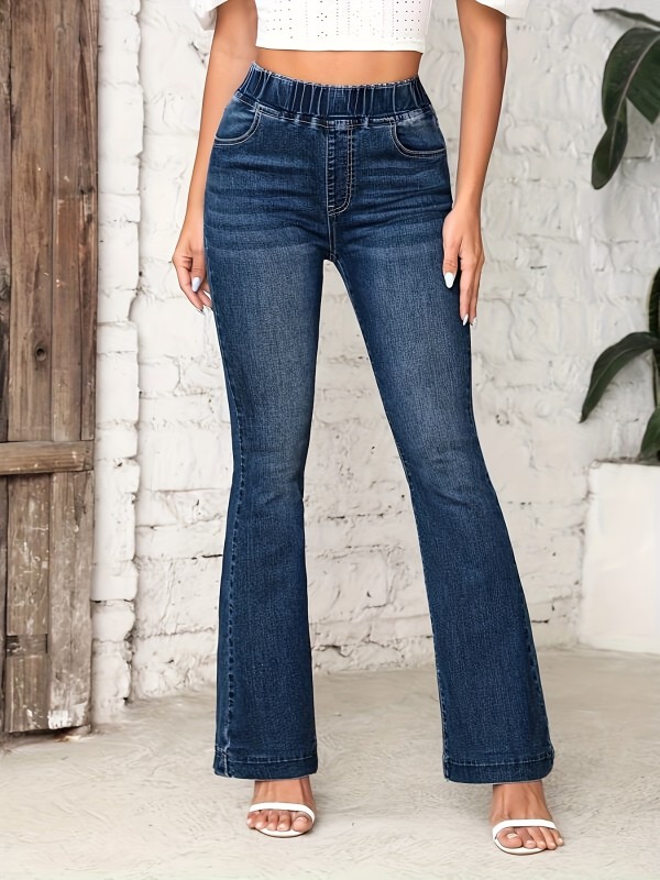 Elastic Waist Washed Flare Jeans, High Stretch Casual Bell Bottom Jeans, Women's Denim Jeans & Clothing
