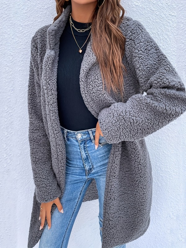 Solid Open Front Teddy Coat, Casual Long Sleeve Warm Outerwear, Women's Clothing