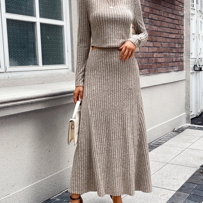 Casual Ribbed Two-piece Skirt Set, Crew Neck Long Sleeve Top & High Waist Skirts Outfits, Women's Clothing
