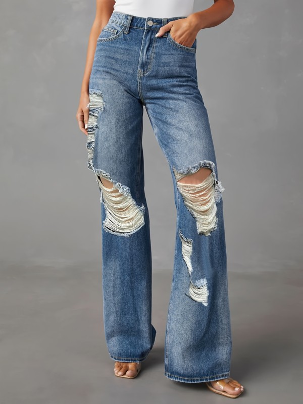 Plus Size Casual Jeans, Women's Plus Washed Ripped Button Fly High Rise Straight Leg Jeans