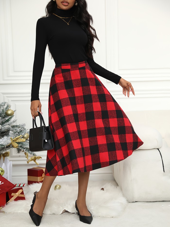 Plaid High Waist Skirt, Elegant Big Swing Flared Midi Skirt For Fall & Winter, Women's Clothing