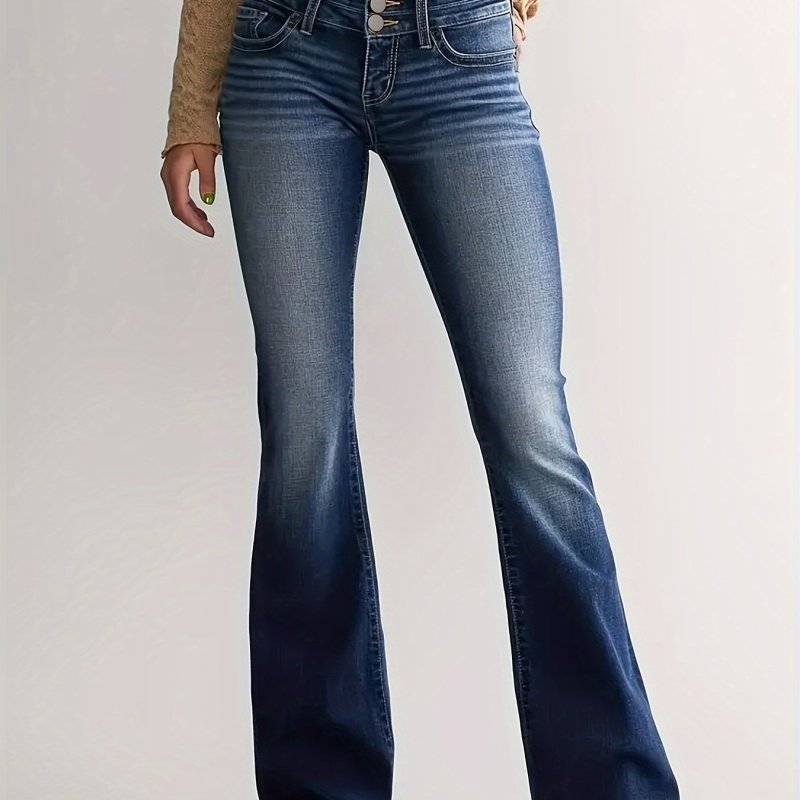 Double Button Whiskering Flare Jeans, Slant Pockets High Stretch Bell Bottom Jeans, Women's Denim Jeans & Clothing