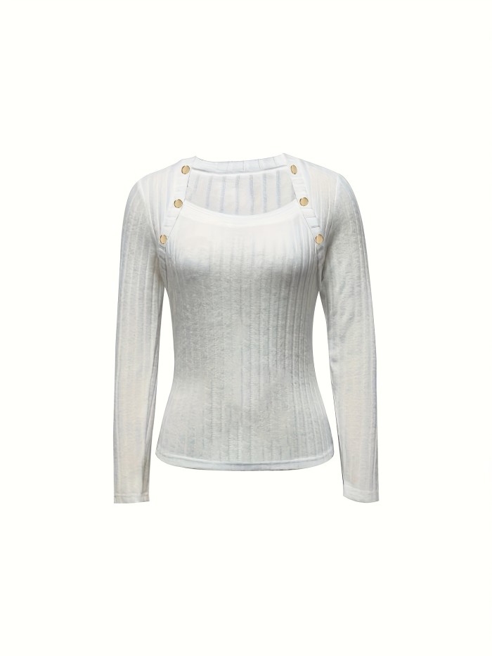 Ribbed Button Decor T-Shirt, Elegant Long Sleeve Top For Spring & Fall, Women's Clothing