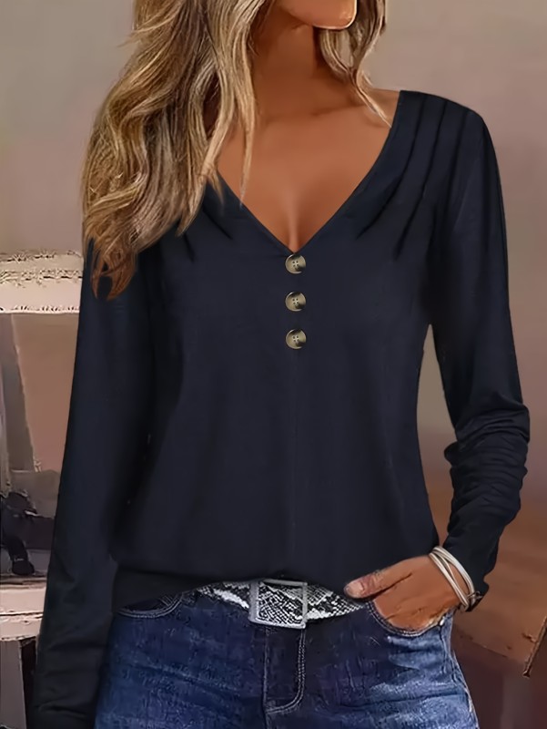 Tuck Button Front V Neck T-Shirt, Casual Long Sleeve Top For Spring & Fall, Women's Clothing