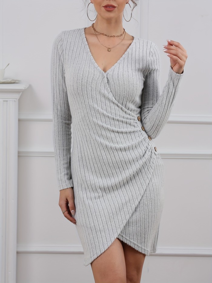 Ribbed Solid Bodycon Dress, Casual V Neck Long Sleeve Dress With Buttons, Women's Clothing