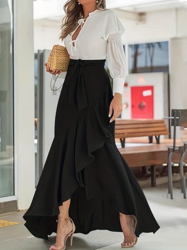 Solid Ruffle Trim Asymmetrical Skirt, Elegant Belted Mermaid Skirt For Spring & Fall, Women's Clothing