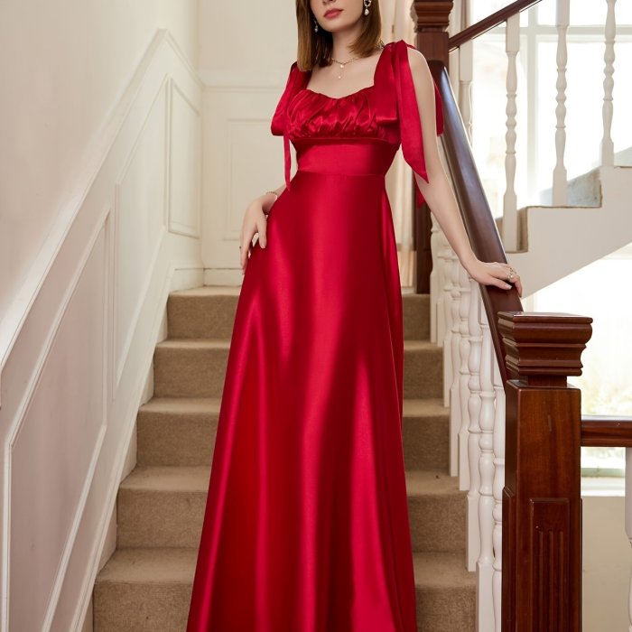 Elegant Satin Backless Bridesmaid Dress, Sleeveless Lace Up Ruched Waist Gowns Dresses For Wedding Party, Women's Clothing