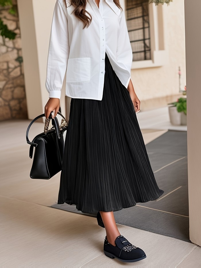 Solid High Waist Pleated Skirt, Elegant Midi Skirt For Fall & Winter, Women's Clothing