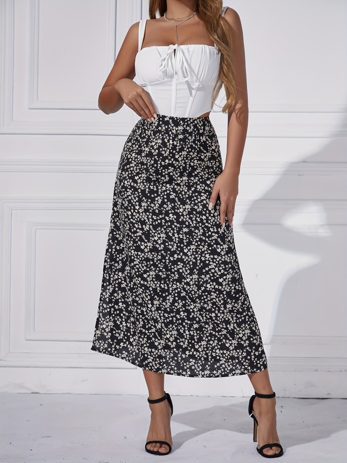 Floral Print Split Skirt, Elegant High Waist Midi Skirt, Women's Clothing