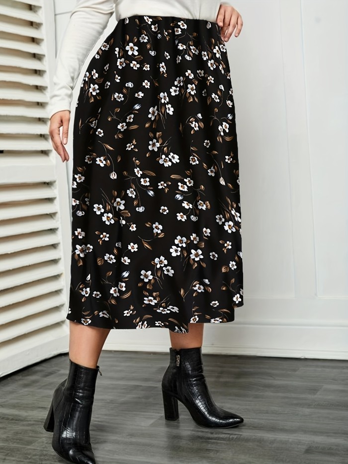 Plus Size Elegant Skirt, Women's Plus Floral Print Elastic High Rise Pleated Maxi Skirt
