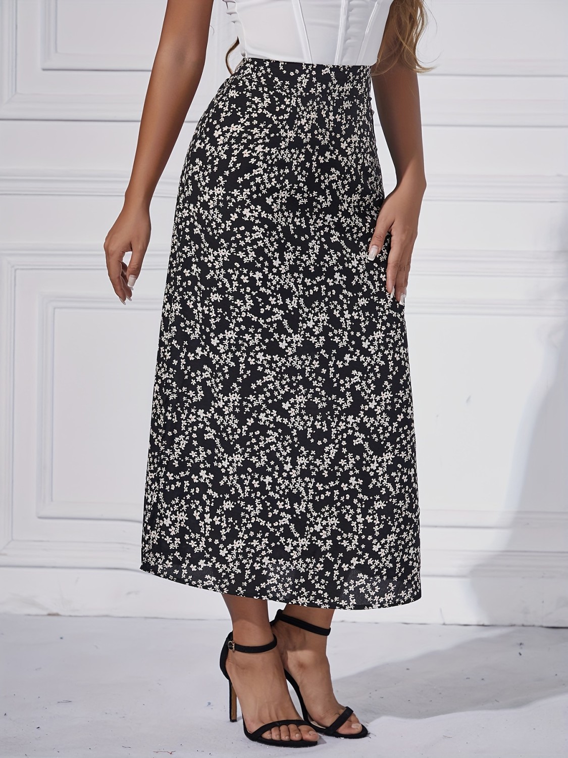 Floral Elegance High-Waisted Split Skirt
