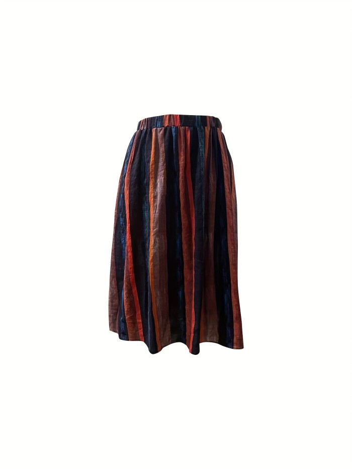 Plus Size Boho Skirt, Women's Plus Colorblock Striped Print Elastic High Rise Maxi Skirt