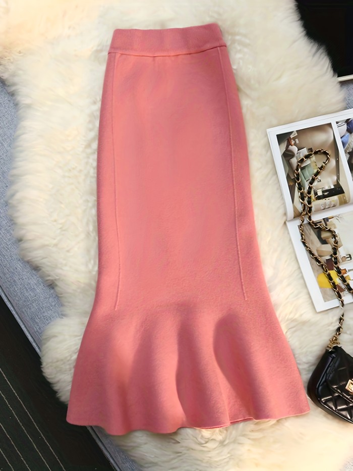 Solid High Waist Bodycon Knit Skirt, Elegant Mermaid Hem Midi Skirt For Fall & Winter, Women's Clothing