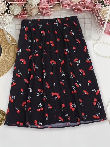 Plus Size Cute Skirt, Women's Plus Cherry Print Button Decor Elastic Waist A-line Skirt