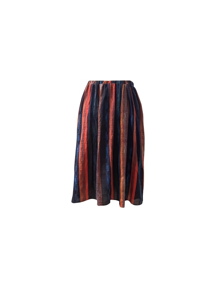 Plus Size Boho Skirt, Women's Plus Colorblock Striped Print Elastic High Rise Maxi Skirt
