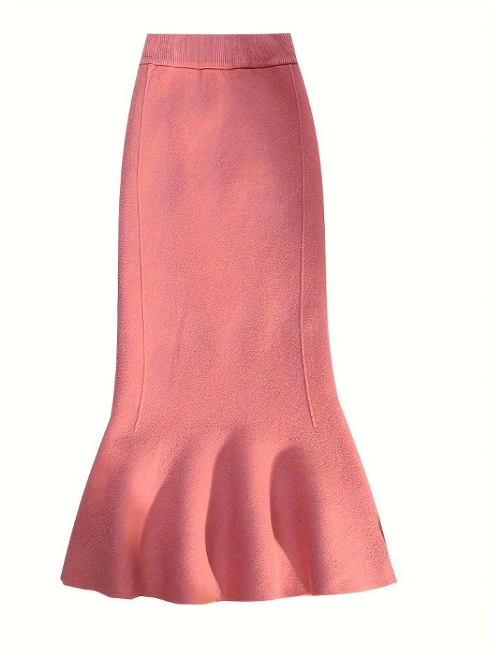 Solid High Waist Bodycon Knit Skirt, Elegant Mermaid Hem Midi Skirt For Fall & Winter, Women's Clothing