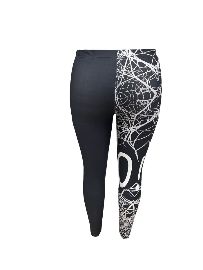 Plus Size Halloween Casual Leggings, Women's Plus Spiderweb & Letter Print Medium Stretch Slim Fit Leggings
