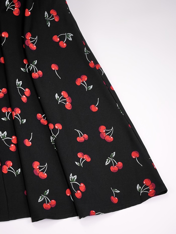 Plus Size Cute Skirt, Women's Plus Cherry Print Button Decor Elastic Waist A-line Skirt