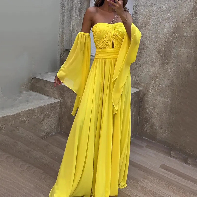 Women's Fashion Solid Color Sexy Elegant Party Tube Sleeve  Evening Dress