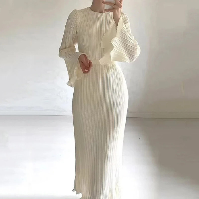 Women's Fashionable Round Neck Threaded Fungus Flare Long Sleeve Slim Dress