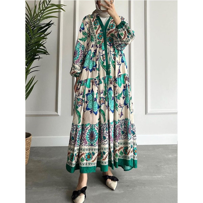 Fashion Contrast Color Ethnic Long Sleeve Stand Collar Printed  Maxi Dress