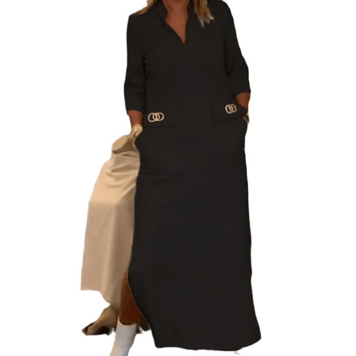 Women's Elegant Fashion Simple Temperament Lapel Button Pocket  Maxi Dress