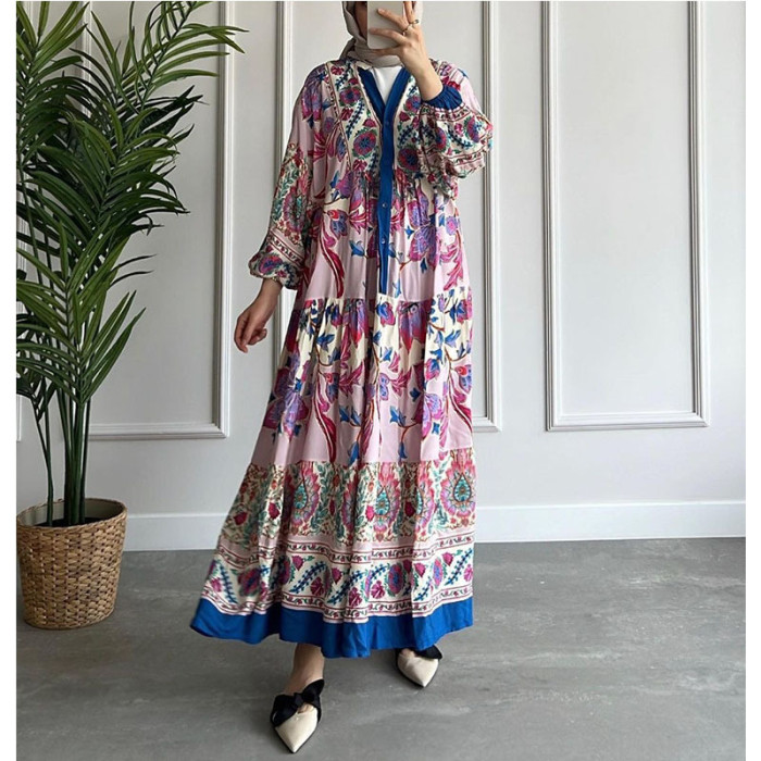 Fashion Contrast Color Ethnic Long Sleeve Stand Collar Printed  Maxi Dress