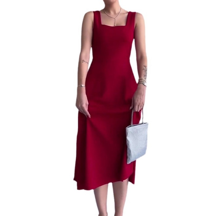 Women's Fashion Elegant Party Square Neck Slim Midi Dress