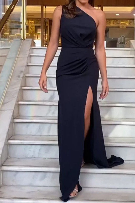 Women's Solid Color Fashion Sexy Angled Shoulder Slit Party Bodycon  Maxi Dress