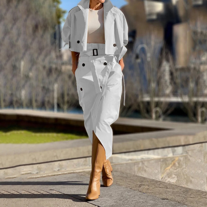 Women's Fashion Casual Work Wear Temperament Button Belt Suit Skirt Two Pieces