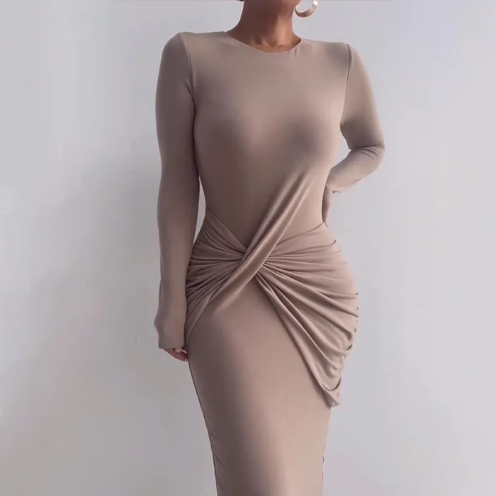 Fashion Solid Color Round Neck Long Sleeve Slim Sexy Hip Cover  Bodycon Dress