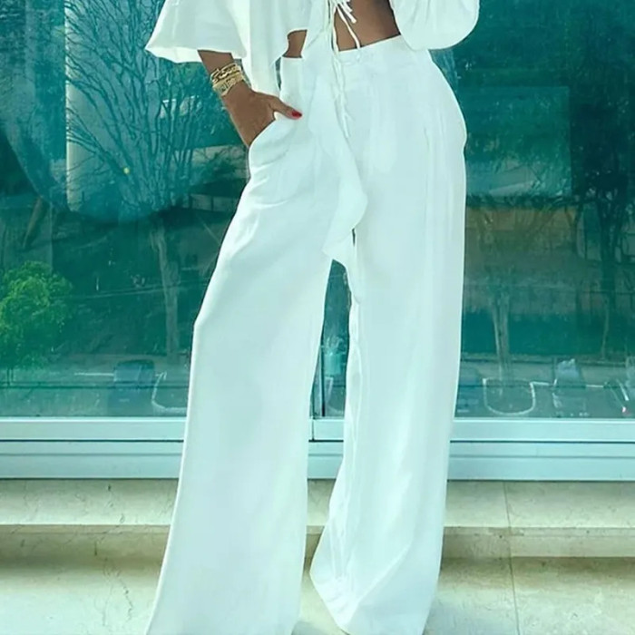 Women's Solid Color Fashion Design Irregular Lotus Neck Wide Leg Pants  Two Pieces Suit