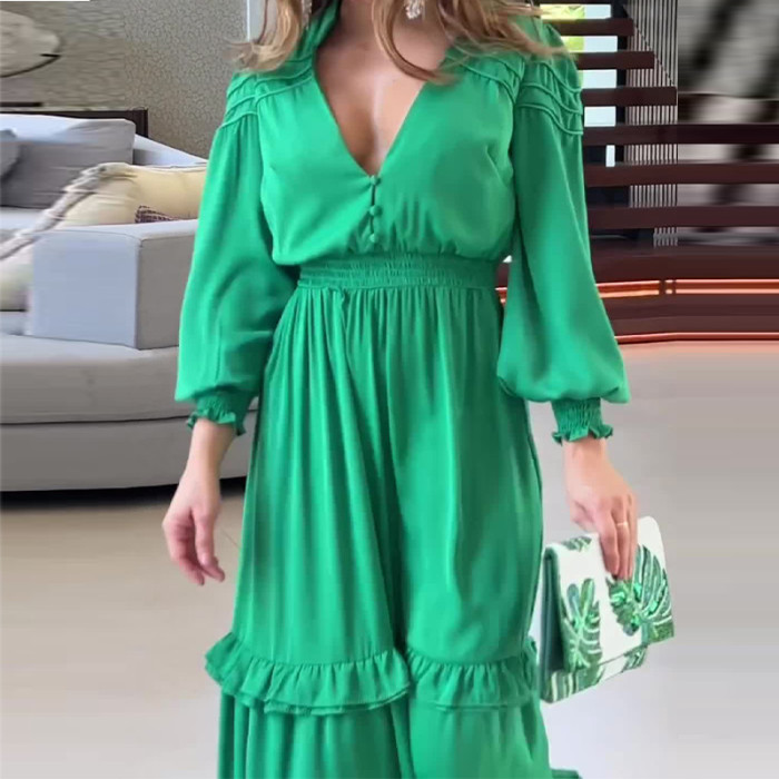 Women's Solid Color Deep V Neck High Waist Elastic Waist Design Long Sleeve Maxi Dress