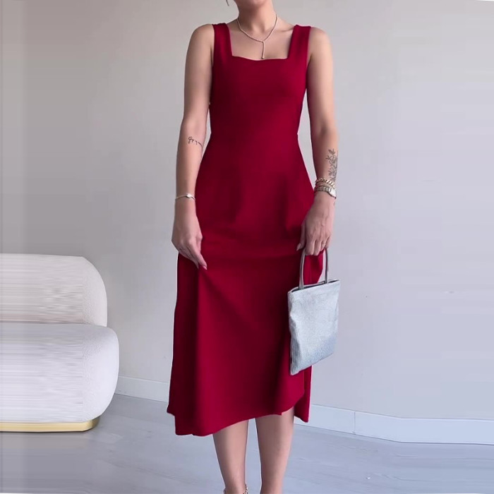 Women's Fashion Elegant Party Square Neck Slim Midi Dress