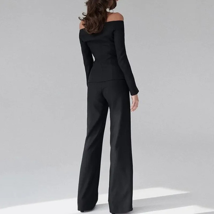 Women's Fashionable Solid Color One-Neck Design Button Top Slim  Two Pieces Suit